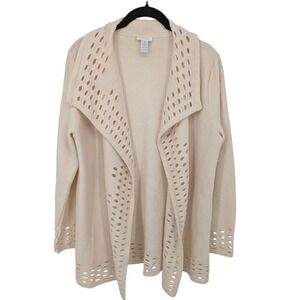 Chicos Wool Cardigan Womens Medium Cream Open Front Laser Cut Eyelet Long Sleeve